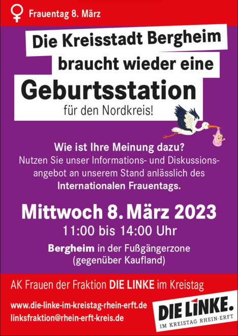Flyer zur Bewerbung eines Infostandes in der Fußgängerzone in Bergheim am 08.03.2023 von 11 bis 14 Uhr