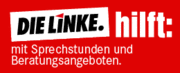 Banner mit Text "DIE LINKE hilft mit Sprechstunden und Beratungsangeboten"