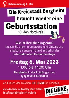 Anzeige des AK Frauen der Fraktion DIE LINKE im Kreistag Rhein-Erft für einen Infostand zum Internationalen Hebammentag am 05.05.2023 von 10 bis 14 Uhr in der Bergheimer Fußgängerzone vor Kaufland.